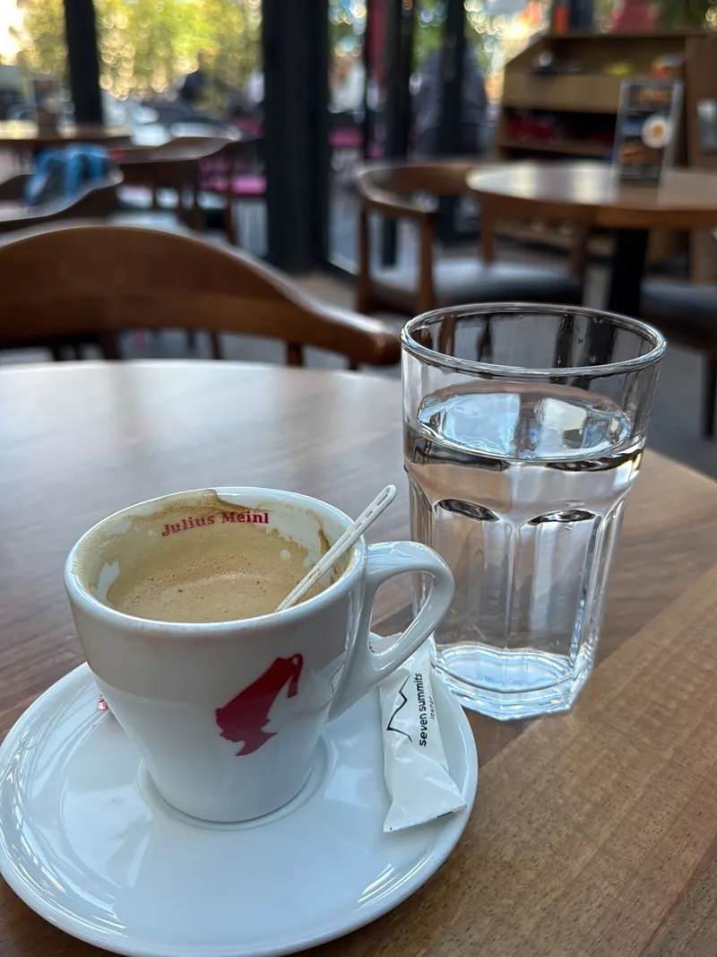 Espresso and a glass of water on a café table