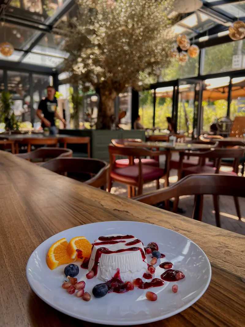 Panna cotta with berries and orange on the wooden counter